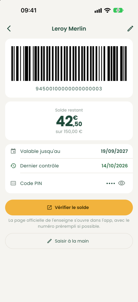 Fiche d'une carte cadeau avec le code-barres, le solde et la date de validité